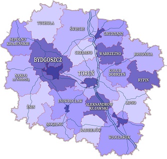 Mapa województwa kujawsko-pomorskiego zawierającego linki do poszczególnych jednostek, tekstowa baza linków dostępna w linku tekstowym powyżej KOMENDY MIEJSKIE I POWIATOWE POLICJI GARNIZONU KUJAWSKO-POMORSKIEGO